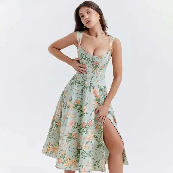 Corsé ajustado de verano, nuevo, vacaciones casual con estampado y apertura azul, debido a problemas en las rodillas. - 1