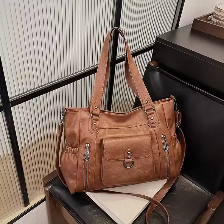 Bolso de Hombro Negro Elegante de Gran Capacidad Correa Ajustable Cierre con Cremallera - 1