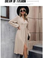 Vestido de manga larga con cuello en V para mujer, vestido dividido, línea A, color albaricoque, Surplice, otoño - details 1