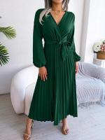 Vestido largo plisado con dobladillo grande para mujer, vestido cruzado de Color liso con cuello en V, moda de primavera y verano - details 13
