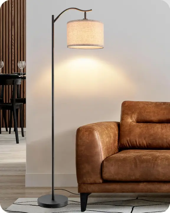 Pantalla de Lino Beige, Casquillo E27, Compatible con Varias Bombillas, 160cm Lámpara de Arco Negra con Pantalla Ajustable para Dormitorio, Salón, Oficina - 1
