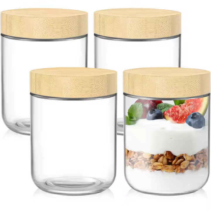 Ollas de Noche de Avena de 16oz con Tapas de Bambú Paquete de 4 con Tapas Airtight de Vidrio - 1