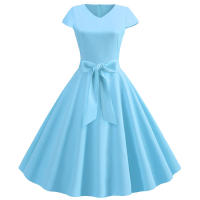 Women summer vintage with belt short sleeve v neck elegant retro swing party dresses - details 59