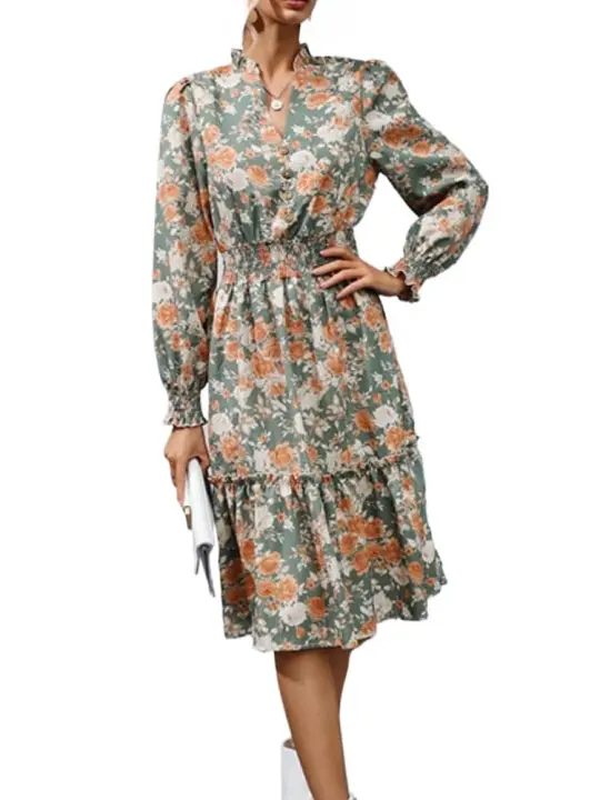 Vestidos Midi de manga larga para mujer, vestido femenino, ajuste de cintura, flor Floral, una pieza, otoño e invierno, Harajuku - 1