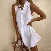 Elegante Vestido de Playa Boho para Mujer Cuello en V, Manga sin Aguja, Algodón y Lino Blanco, Perfecto para el Verano - details 1