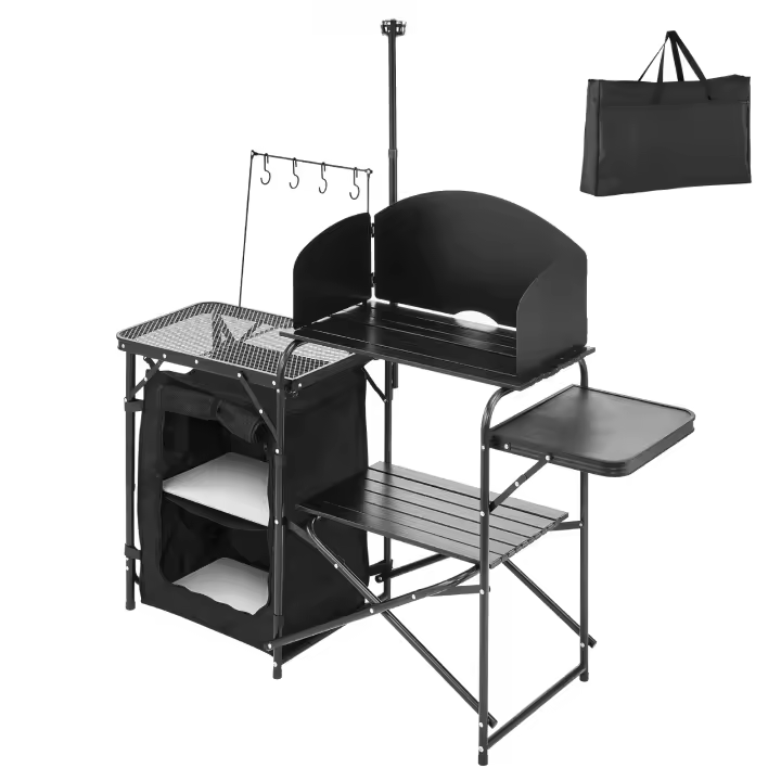 SucceBuy Mesa de cocina portátil para acampar, estación de cocina al aire libre con marco de aluminio, gabinete de almacenamiento, bolsa de transporte, parabrisas extraíble, fácil montaje para barbacoas, picnics, viajes en caravana, negro - 1