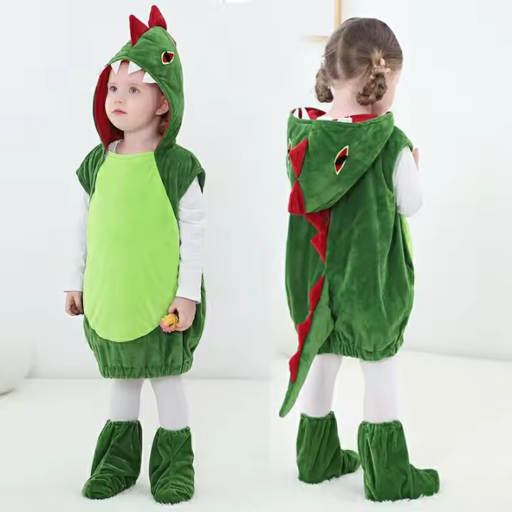 Disfraz de Halloween para niños, mono de dinosaurio + juego de funda para zapatos, ropa de cosplay bonita para niños, disfraces de actuación para niños y niñas de dibujos animados - 1