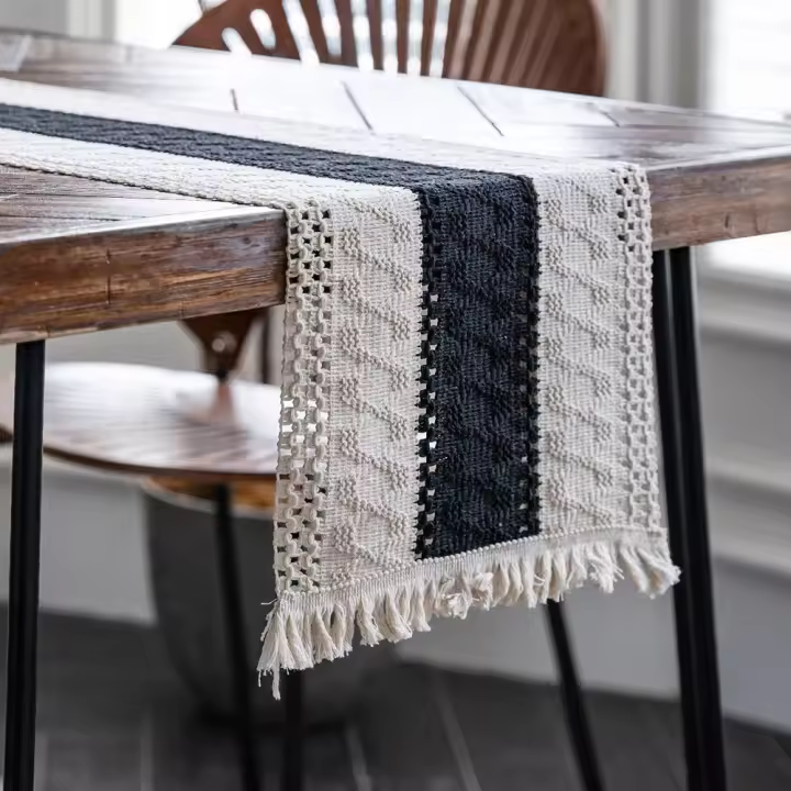 Camino de Mesa Tejido con Borlas a Rayas Beige Negro Gris Decorativo Rectangulares Estilo Bohemio Moderno Comedor Hogar Boda Cocina - 1