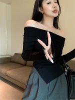 Jersey de otoño para mujer, Top Irregular con hombros descubiertos, suéter de punto negro de manga larga con base para mujer - details 8