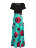 Vestido de manga corta a juego con estampado de flores de estilo europeo y americano para mujer, falda con vuelo grande, 2024 - details 6