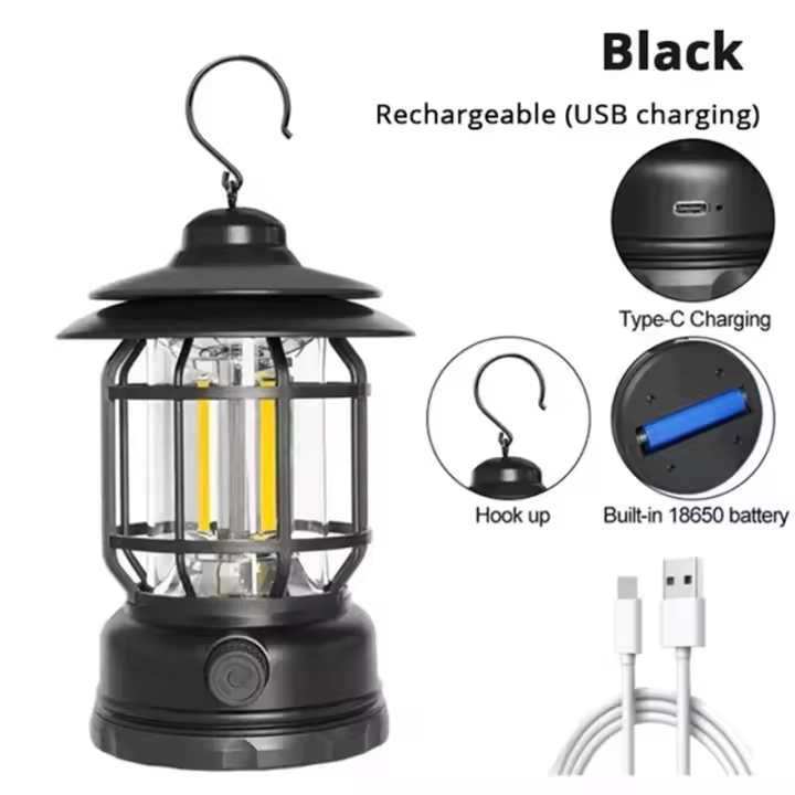 Luz de camping con batería recargable USB, luz de camping vintage, luz LED colgante impermeable para tiendas de campaña, para senderismo y pesca - 1