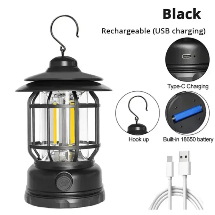 Luz de camping con batería recargable USB, luz de camping vintage, luz LED colgante impermeable para tiendas de campaña, para senderismo y pesca - 1