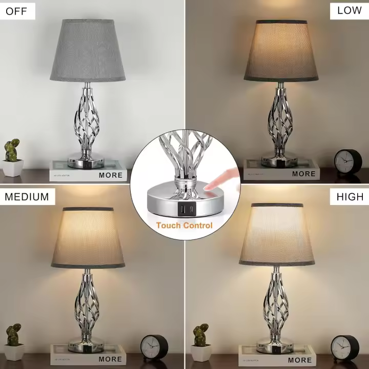 Lámpara de noche táctil (2 unidades, tipo -C+USB-A, Variable de 3 vías, 2 bombillas incluidas, pantalla de lino beige, lámpara de escritorio moderna para dormitorio, salón, hotel - 1