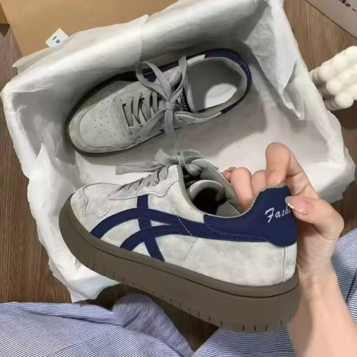 Zapatillas de Entrenamiento para Mujeres Alemánas Gris-Azul Nueva Plataforma de Cuero Retro Deportes y Ocio - 1