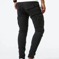 Jeans de Cargo de Denim Pantalones Casuales para Hombres de Cintura Media, Ajuste Delgado, Múltiples Bolsillos, Color Sólido - details 7