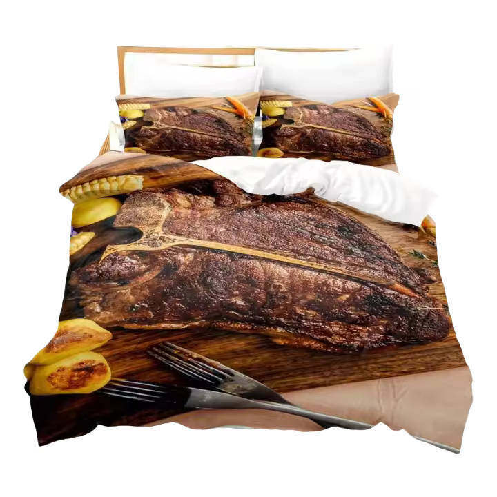 Beefsteak-Juego de cama individual, doble, tamaño Queen y King, funda nórdica para dormitorio de niños, estampado 3D, carne Gourmet - 1