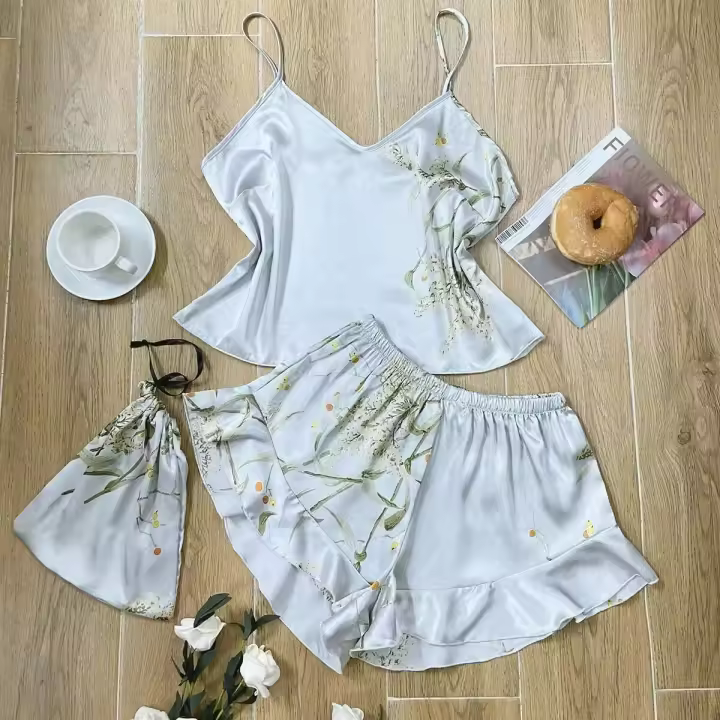 Moda verano, 3 piezas, camisola y pantalón corto, estampado floral de seda con bolso colgante, pijama de mujer, pijama de casa - 1