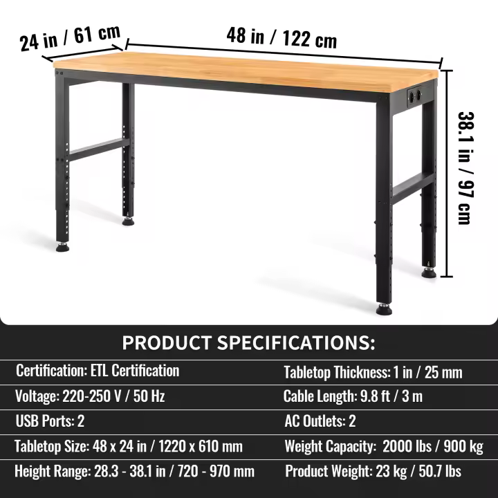 SucceBuy Banco de trabajo de altura ajustable, mesa de garaje con tomas de corriente, tapa de madera dura, estructura de metal, ruedas giratorias - 1