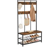 Mueble de Entrada Industrial 12 Ganchos y Banco para Zapatos Estilizado en Marrón Rústico y Negro - details 8