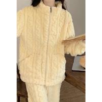 Conjunto De Pijamas De Dos Piezas Para Mujer, Conjunto De Top Y Pantalones De Manga Larga Con Cuello Levantado Texturizado De Jacquard Y Cremallera, Grueso Y Cálido, Otoño - details 10