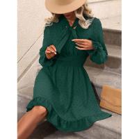 Vestido midi de manga larga con cuello en V para mujer, elegante y bonito, moderno, de color sólido, lujoso. - details 12
