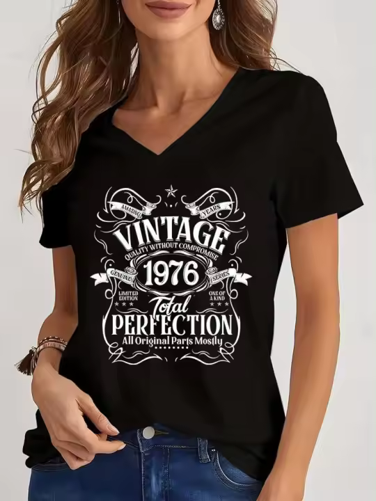 Haruku moda Vintage 1974/1975 perfección Total camiseta negra primavera manga corta Mujer Camiseta Casual suelta años estilo camisas - 1