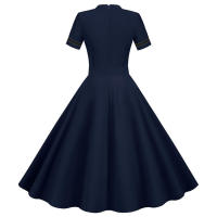 Solid women summer elegant short sleeve stand collar vintage a-line midi long party dress - details 3