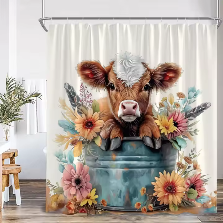 Cortina de Ducha Estilo Granja Rústica Diseño Floral de Vaca de Alta Tierra - 1