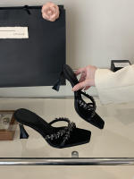 Pasarela tacones altos sandalias abiertas de satén con diamantes de imitación de lujo moda cabeza cuadrada zapatos de mujer versátiles - details 5