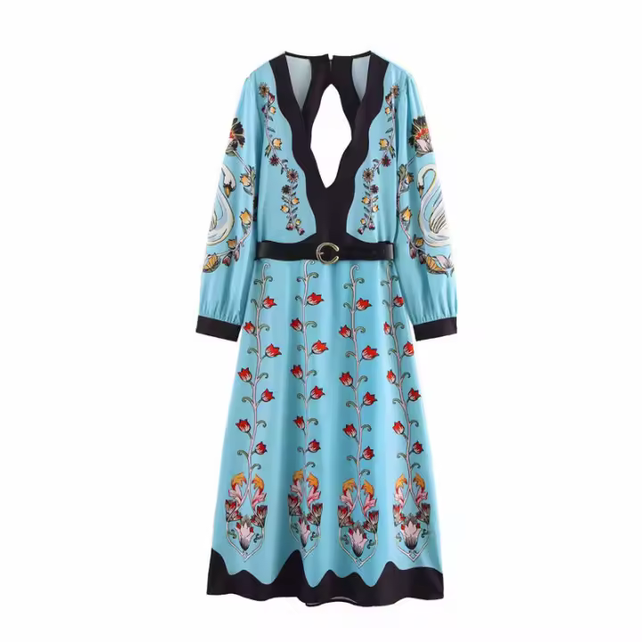 Elegante Vestido de Otoño para Mujer Vestido Largo con Cuello en V, Falda Larga, Manga Larga, Moda de Alta Calidad - 1