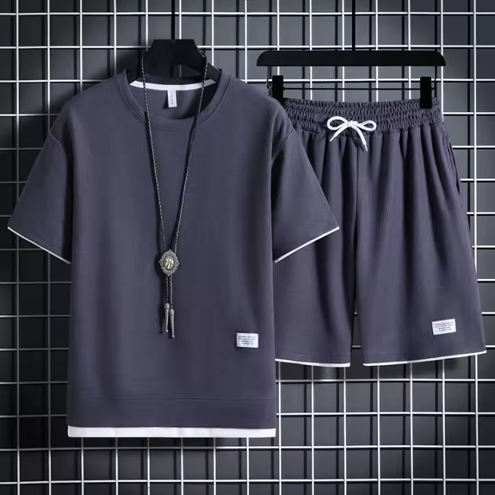 Conjunto De Verano Para Hombre Camiseta Y Shorts Deportivos Casual Color Sólido Talla Grande Estilo Libre Sin Cierre - 1