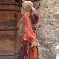 Nuevo vestido bohemio informal con estampado de manga y estampado Retro Maxi cuello redondo para mujer largo 2025 vestido de fiesta de gasa con cordones - details 3
