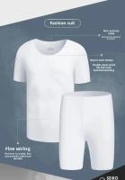 Conjunto de camiseta y pantalones cortos sin costuras de seda helada para hombre, ropa deportiva elástica de secado rápido con cuello redondo, ropa de dormir informal, ropa fina para el hogar - details 7