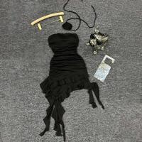 Vestido Negro sin Correas de Moda de Verano Vestido de Manga Irregular con Volantes para Mujeres - details 8