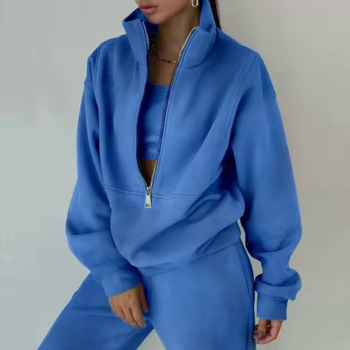 Conjunto de dos piezas de Sudadera con capucha y cremallera para mujer, trajes sueltos de otoño e invierno - 1
