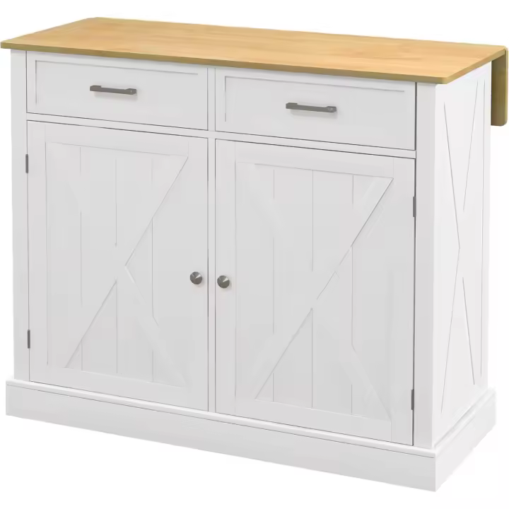 Isla de Cocina Mueble Auxiliar de Cocina con Encimera Plegable 2 Puertas 2 Cajones 4 Ruedas y Estante Ajustable 105x60x90,5 cm Blanco - 1