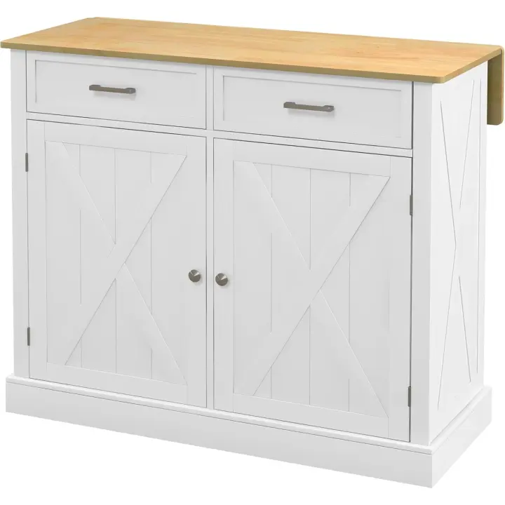 Isla de Cocina Mueble Auxiliar de Cocina con Encimera Plegable 2 Puertas 2 Cajones 4 Ruedas y Estante Ajustable 105x60x90,5 cm Blanco - 1