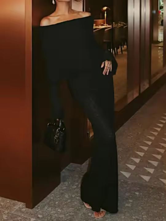Falda hueca con hombros descubiertos para mujer, manga larga holgada, ropa de punto - 1