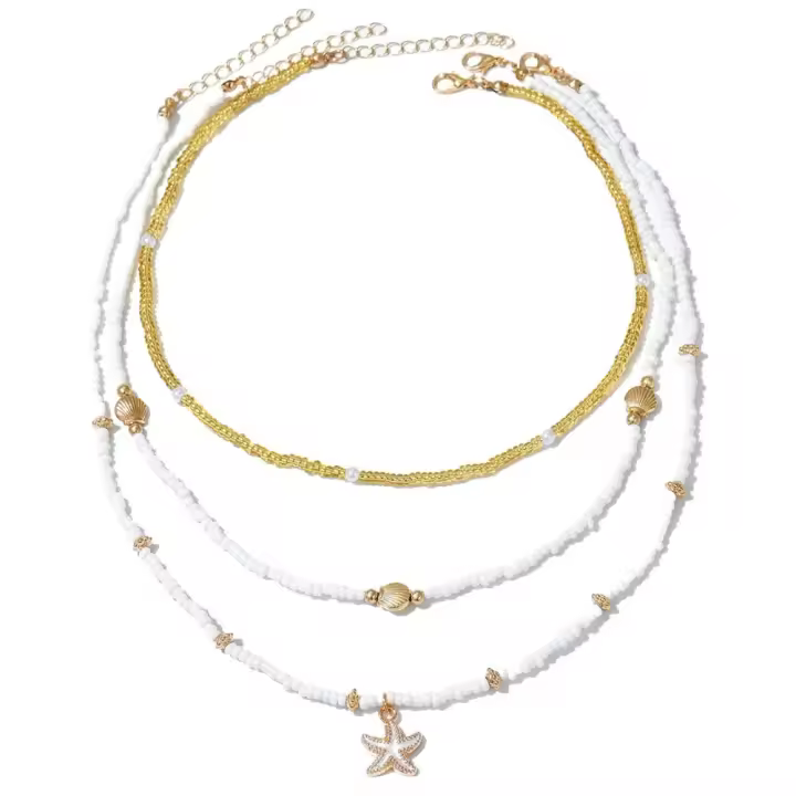 Collar multicapa con cuentas exageradas para niñas, colgante de estilo bohemio, gargantilla de estrella de mar Y2K, collar de clavícula de concha apilada, 3 uds. - 1