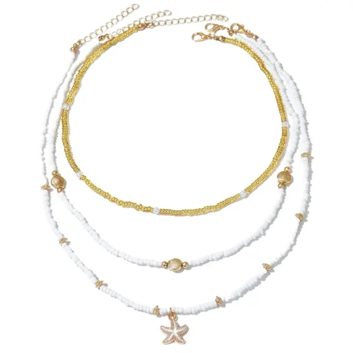 Collar multicapa con cuentas exageradas para niñas, colgante de estilo bohemio, gargantilla de estrella de mar Y2K, collar de clavícula de concha apilada, 3 uds. - 1