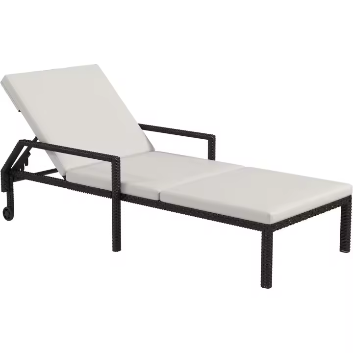 Tumbona de ratán tipo chaise longue de jardín con respaldo ajustable en 5 posiciones, cojín acolchado y 2 ruedas. Carga 120 kg. 73x200x48 cm. Crema y negro. - 1