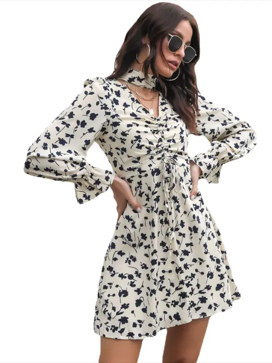 Vestido corto de gasa con cuello en V para mujer, Bonito traje elegante y de manga larga con estampado Floral, novedad - 1