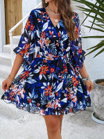 Vestido de primavera y verano para mujer, Media manga, estampado de flores, elegante cuello en V, informal, línea A, hasta la rodilla, cintura alta - details 13