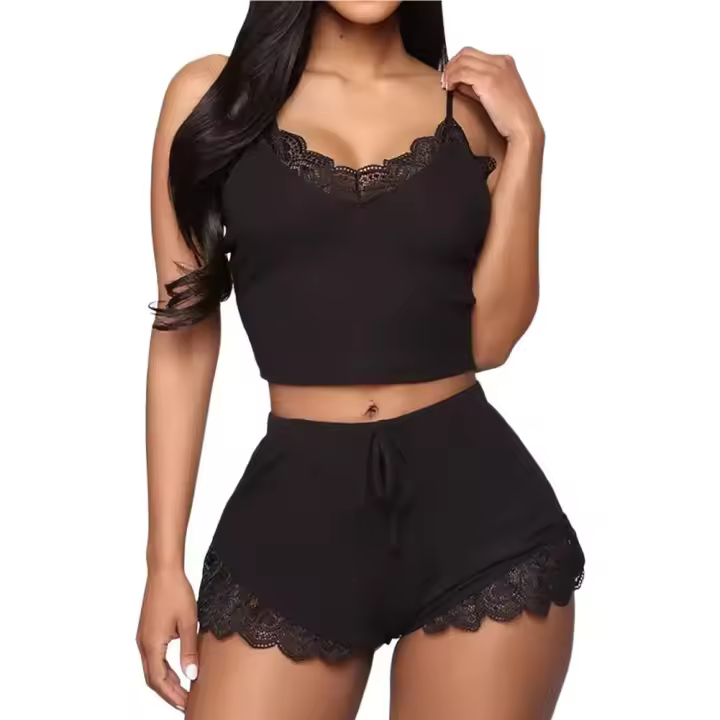 Conjuntos de pijama de encaje sin mangas para mujer, ropa de dormir suave, cómoda, con cuello en V, camisón femenino, ropa de noche, camisón de satén - 1