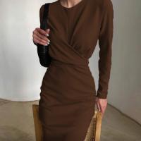 Vestido Largo Elegante Para Mujer Con Cintura Ajustada Y Hips Slim Estilo Retro Francés Para Otoño Vestido De Oficina Con Cuello Redondo Y Mangas Largas - details 7
