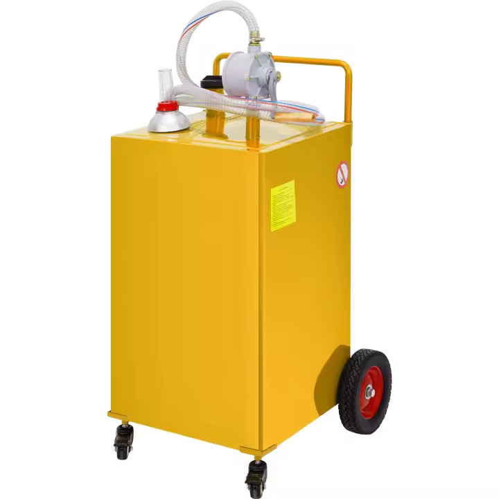 SucceBuy Fuel Caddy, 35 galones, tanque de almacenamiento de gas portátil sobre 4 ruedas, bomba de transferencia manual, para automóviles, cortadoras de césped, vehículos todo terreno, barcos y más, contenedor de diésel/gasolina, amarillo - 1