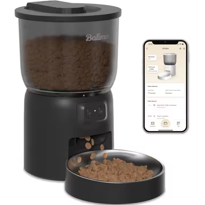 Balimo Comedero Gato Automático 2.4G WiFi, Dispensador de Comida para Gatos y Perros de 3L con Control de la Aplicación, 10 Comidas por Día, Cuenco de Acero Inoxidable, Negro - 1