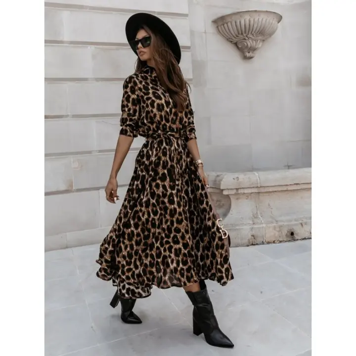 Vestido elegante de manga larga con cuello en V y estampado de leopardo para mujer, con banda elástica, estampado animal, perfecto para - 1