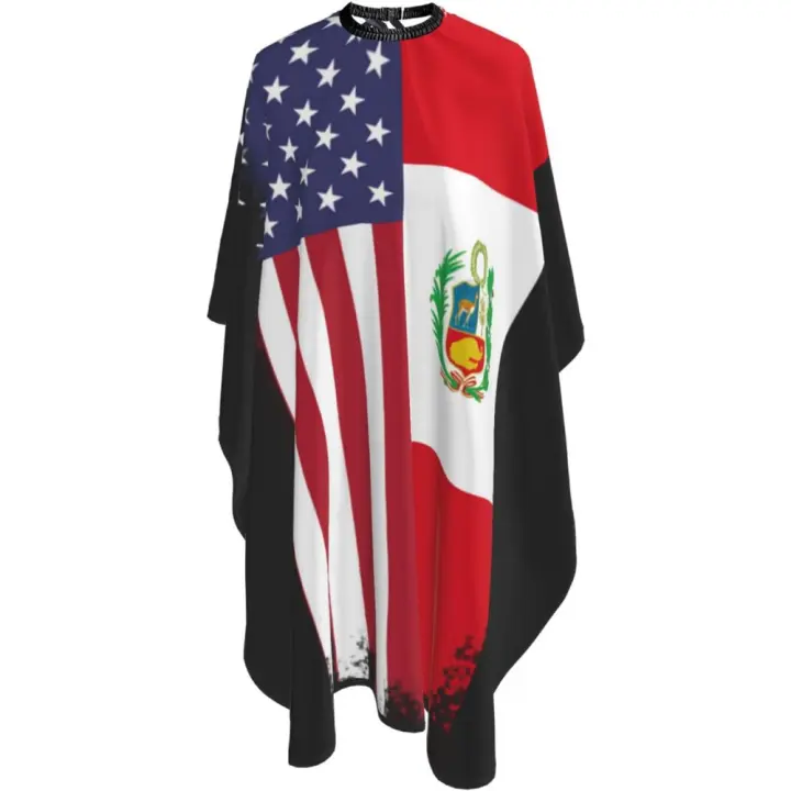 Capa de peluquero con banderas de Estados Unidos y Perú - Capa de corte de pelo impermeable para peluquería profesional con cierre a presión ajustable - Delantal de corte de pelo para estilista y uso doméstico - 55''X66'' - 1