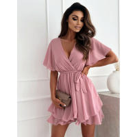 Nuevo vestido de gasa con cuello en V para mujer de verano con cintura anudada y detalle de volantes - details 2